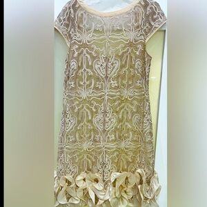 Jessica Simpson SHEER Floral-Lace Ruffle-Hem Sheath Dress Cream/Gold Size 6